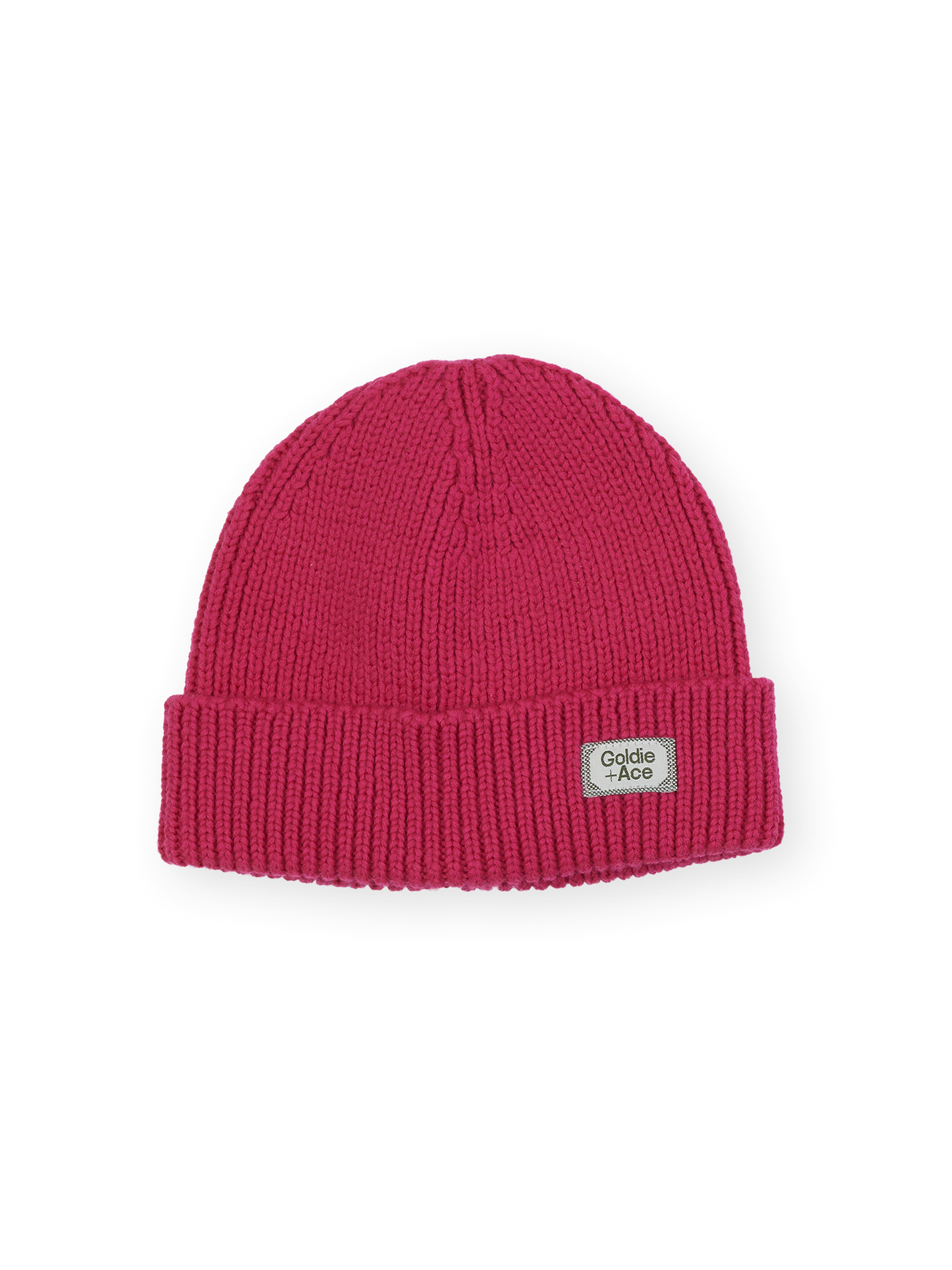 The Goldie + Ace Wool Beanie in Pink pictured on a transparent background. The material is 100% merino wool. It is a hat made for babies, toddlers and kids.