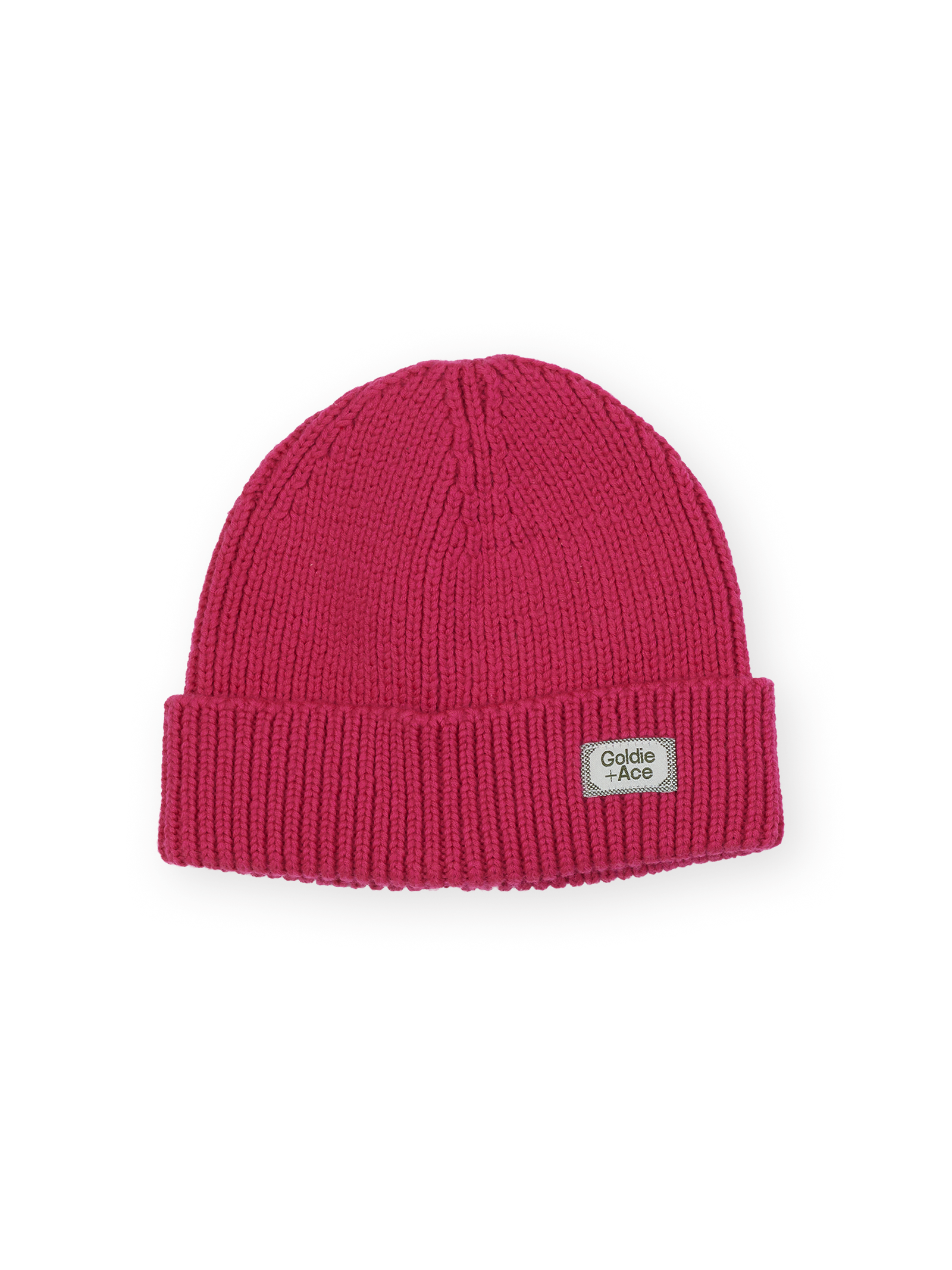 The Goldie + Ace Wool Beanie in Pink pictured on a transparent background. The material is 100% merino wool. It is a hat made for babies, toddlers and kids.