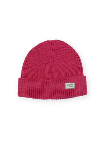 The Goldie + Ace Wool Beanie in Pink pictured on a transparent background. The material is 100% merino wool. It is a hat made for babies, toddlers and kids.