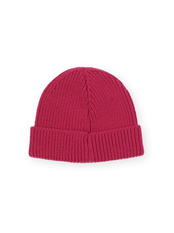 The Goldie + Ace Wool Beanie in Pink pictured on a transparent background. The material is 100% merino wool. It is a hat made for babies, toddlers and kids.