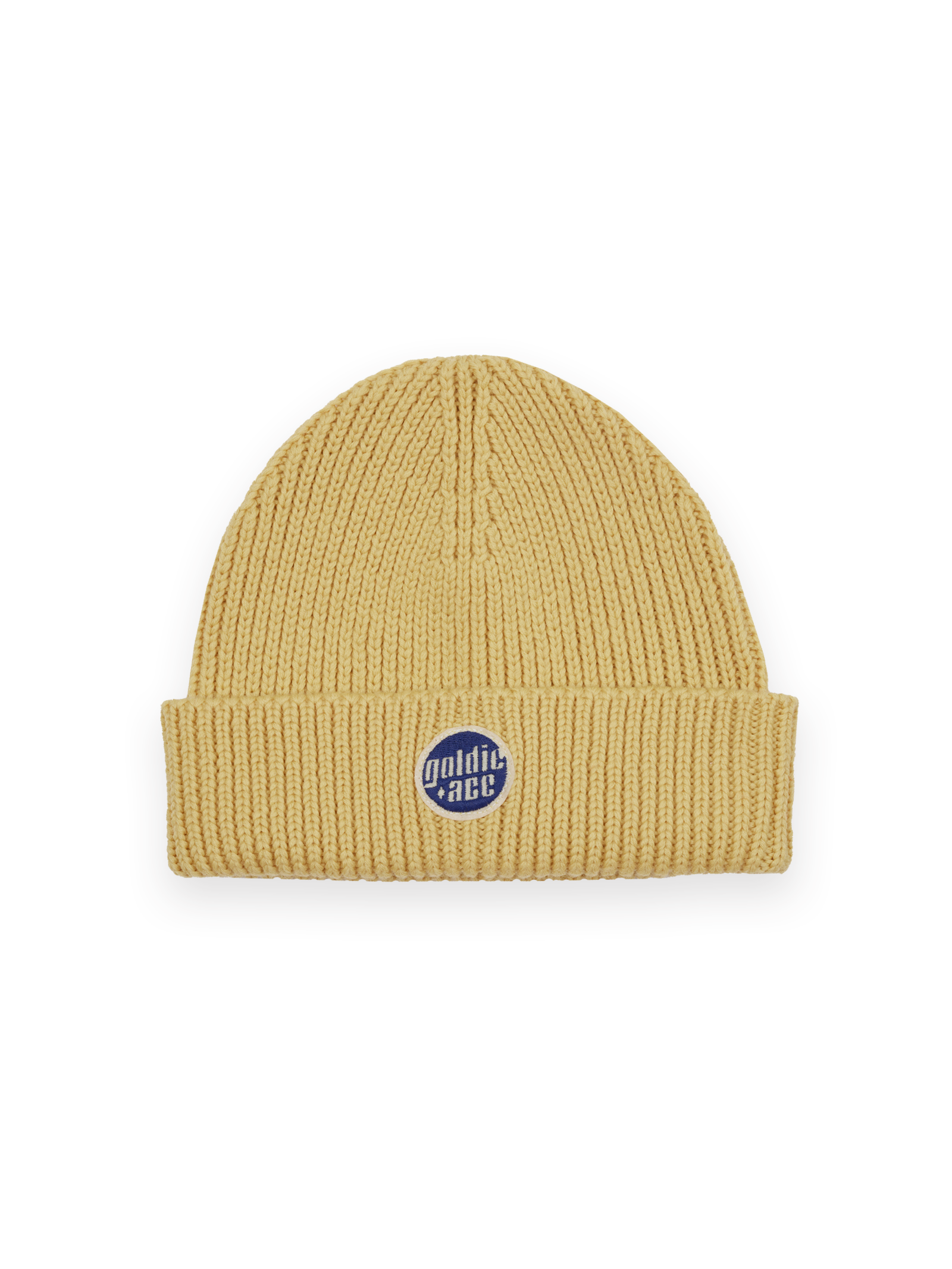 The Goldie + Ace Wool Beanie in Yellow pictured on a transparent background. The material is 100% merino wool. It is a hat made for babies, toddlers and kids.
