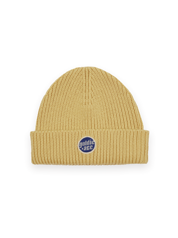 The Goldie + Ace Wool Beanie in Yellow pictured on a transparent background. The material is 100% merino wool. It is a hat made for babies, toddlers and kids.