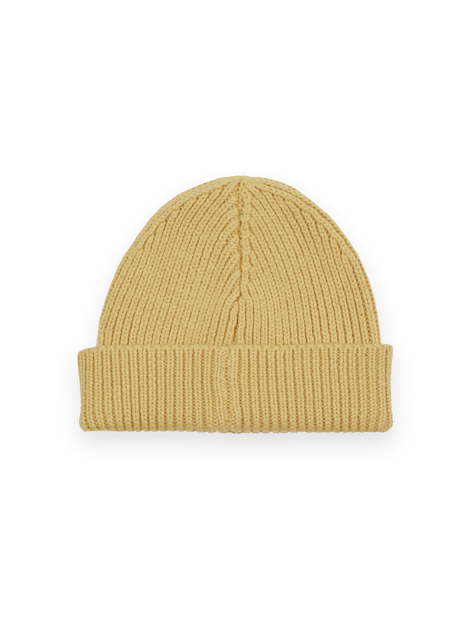 The Goldie + Ace Wool Beanie in Yellow pictured on a transparent background. The material is 100% merino wool. It is a hat made for babies, toddlers and kids.