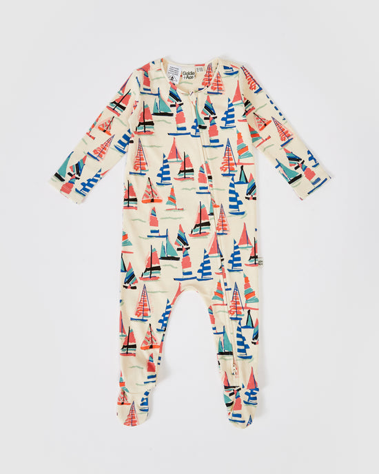 On The Bay Print Footed Zipsuit Vanilla