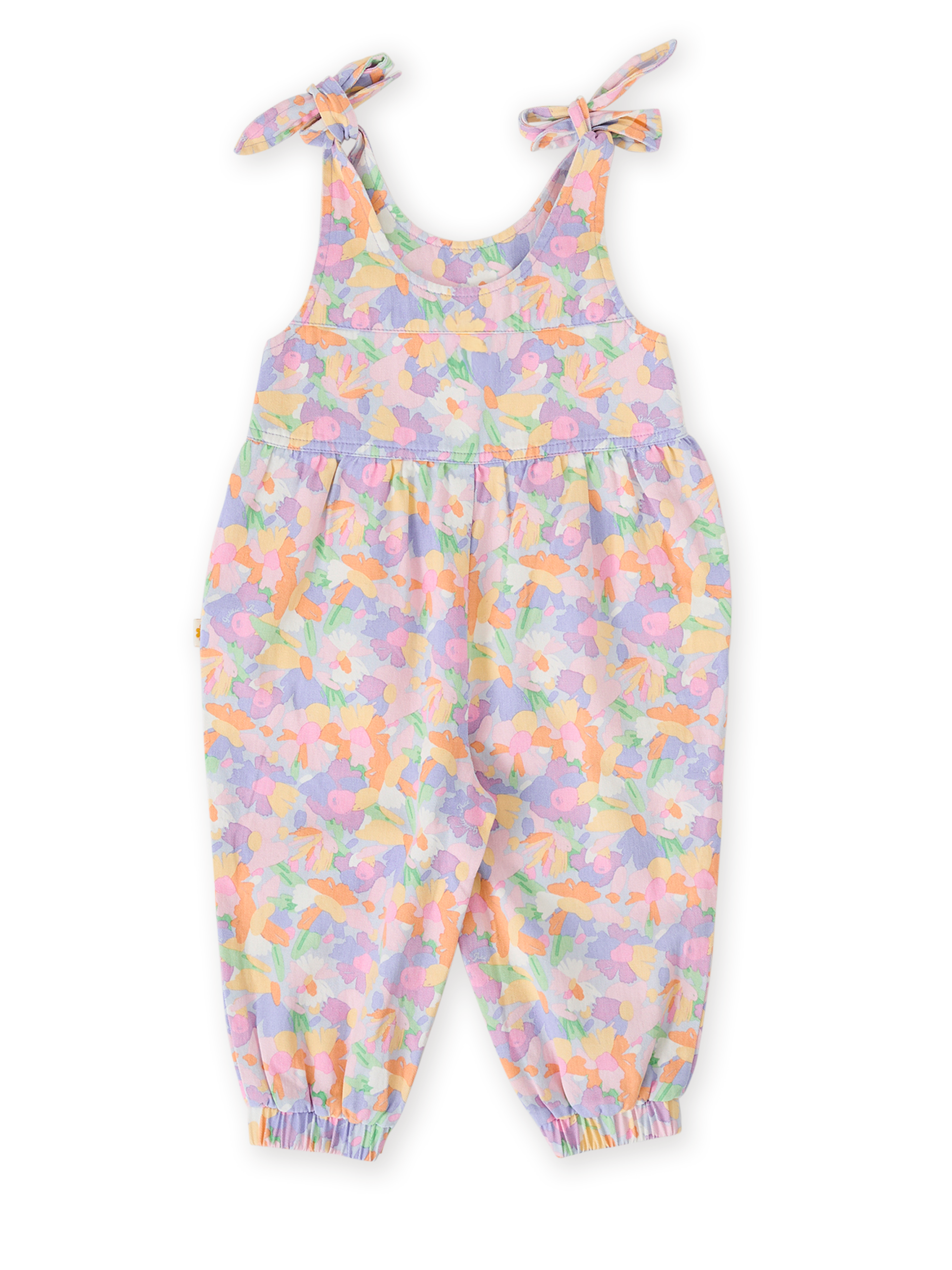 The Goldie + Ace Pastel Bouquet Tiffany Tie Overalls in Lilac Multi pictured on a transparent background. The material is 100% cotton. It is a overall made for babies, toddlers and kids.