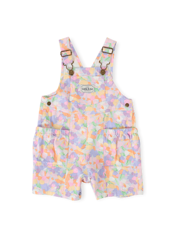 The Goldie + Ace Pastel Bouquet James Pocket Overalls in Lilac Multi pictured on a transparent background. The material is 100% cotton. It is a overall made for babies, toddlers and kids.