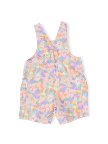 The Goldie + Ace Pastel Bouquet James Pocket Overalls in Lilac Multi pictured on a transparent background. The material is 100% cotton. It is a overall made for babies, toddlers and kids.