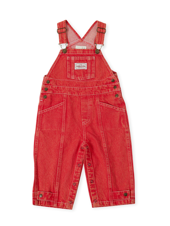The Goldie + Ace Blake Vintage Washed Denim Overalls in Apple Red pictured on a transparent background. The material is 100% cotton. It is a overall made for babies, toddlers and kids.