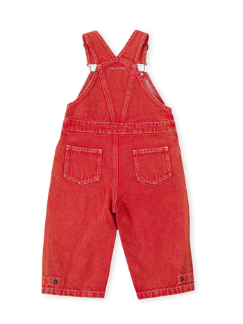 The Goldie + Ace Blake Vintage Washed Denim Overalls in Apple Red pictured on a transparent background. The material is 100% cotton. It is a overall made for babies, toddlers and kids.