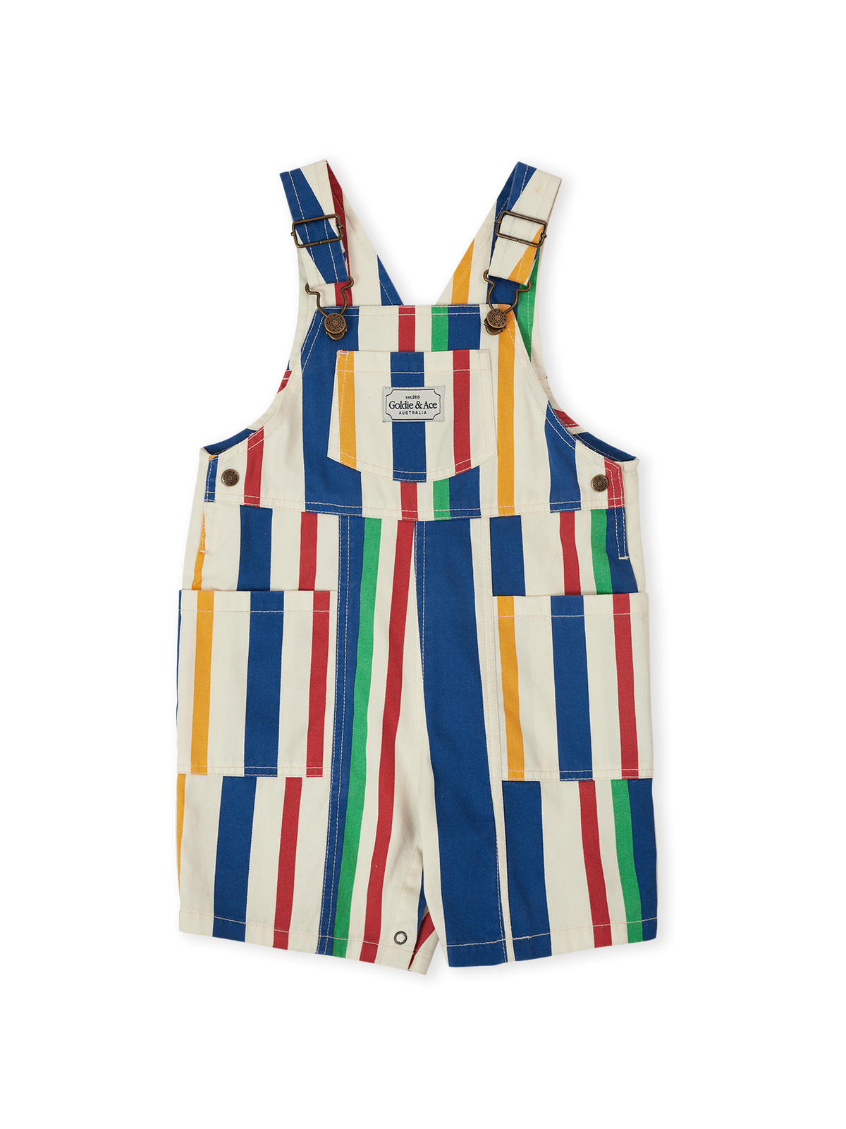 The Goldie + Ace 90's Bold Stripe James Denim Pocket Overalls in Primary pictured on a transparent background. The material is 100% cotton. It is a overall made for babies, toddlers and kids.