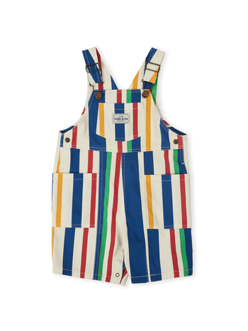 The Goldie + Ace 90's Bold Stripe James Denim Pocket Overalls in Primary pictured on a transparent background. The material is 100% cotton. It is a overall made for babies, toddlers and kids.