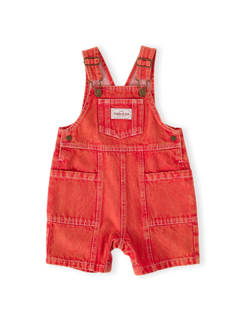 The Goldie + Ace James Vintage Washed Denim Pocket Overalls in Apple Red pictured on a transparent background. The material is 100% cotton. It is a overall made for babies, toddlers and kids.