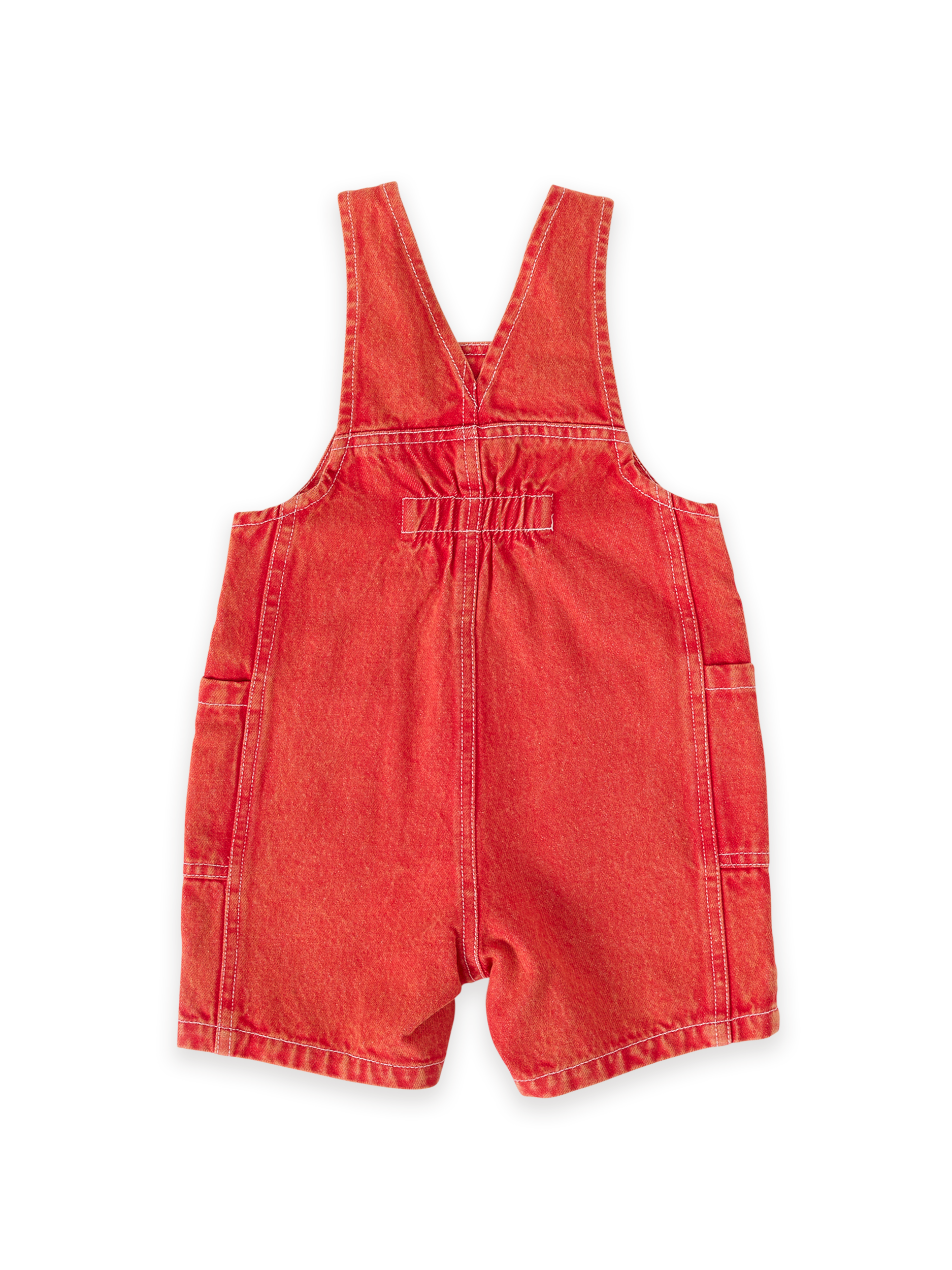 The Goldie + Ace James Vintage Washed Denim Pocket Overalls in Apple Red pictured on a transparent background. The material is 100% cotton. It is a overall made for babies, toddlers and kids.