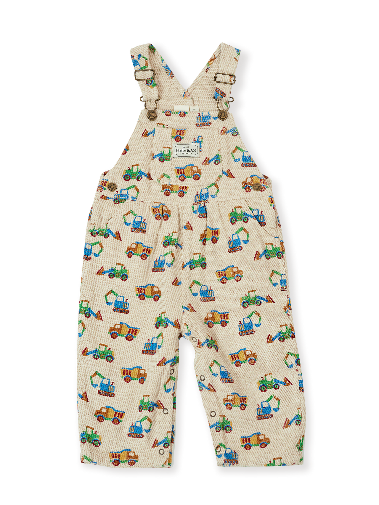 The Goldie + Ace Diggers Austin Overalls in Sand pictured on a transparent background. The material is durable & soft cotton-linen blend. It is a overall made for babies, toddlers and kids.