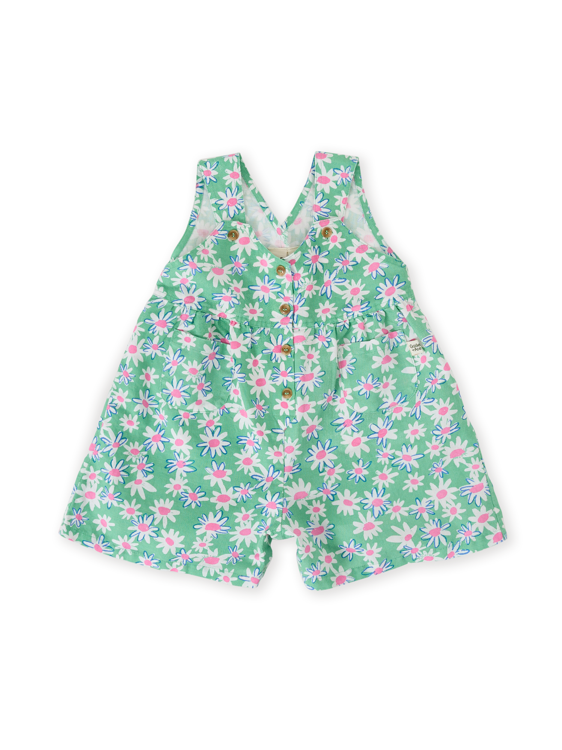 The Goldie + Ace Daisy Patch Sara Shortalls in Moss pictured on a transparent background. The material is breathable cotton-linen blend. It is a overall made for babies, toddlers and kids.