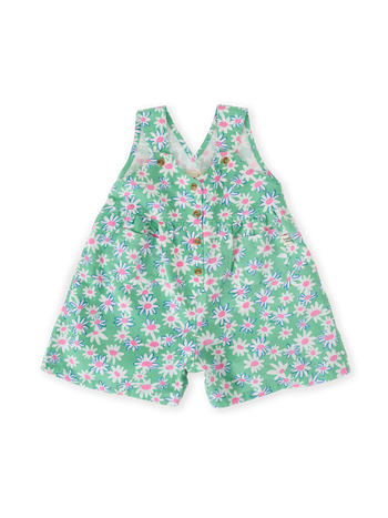 The Goldie + Ace Daisy Patch Sara Shortalls in Moss pictured on a transparent background. The material is breathable cotton-linen blend. It is a overall made for babies, toddlers and kids.