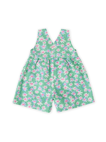 The Goldie + Ace Daisy Patch Sara Shortalls in Moss pictured on a transparent background. The material is breathable cotton-linen blend. It is a overall made for babies, toddlers and kids.