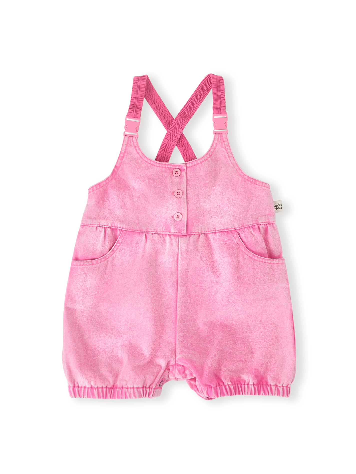 The Goldie + Ace Cindy Denim Bubble Overalls in Pink Lemonade pictured on a transparent background. The material is cotton. It is a overall made for babies, toddlers and kids.