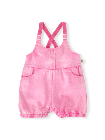 The Goldie + Ace Cindy Denim Bubble Overalls in Pink Lemonade pictured on a transparent background. The material is cotton. It is a overall made for babies, toddlers and kids.