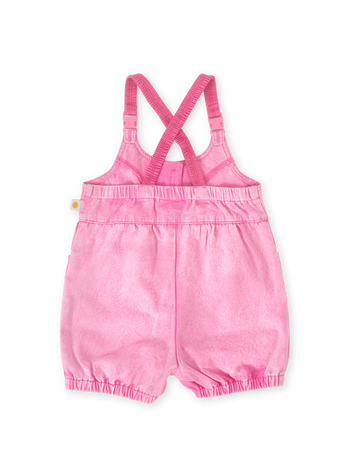 The Goldie + Ace Cindy Denim Bubble Overalls in Pink Lemonade pictured on a transparent background. The material is cotton. It is a overall made for babies, toddlers and kids.