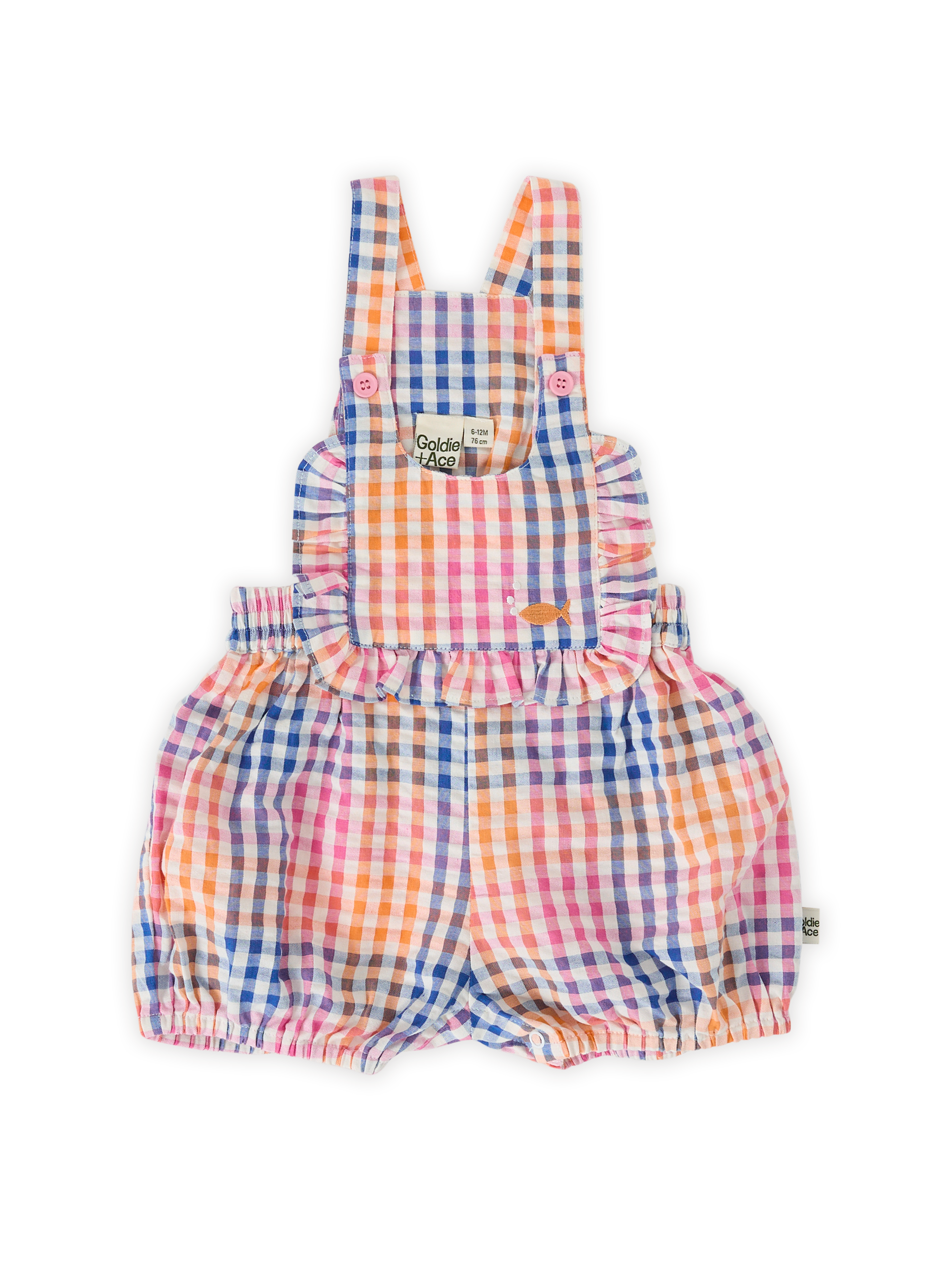 The Goldie + Ace Rainbow Gingham Bubble Frill Romper in Multi pictured on a transparent background. The material is 100% cotton. It is a romper made for babies, toddlers and kids.