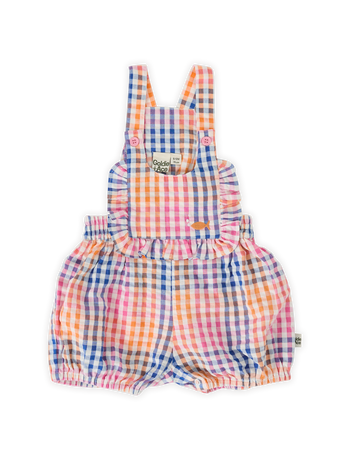 The Goldie + Ace Rainbow Gingham Bubble Frill Romper in Multi pictured on a transparent background. The material is 100% cotton. It is a romper made for babies, toddlers and kids.
