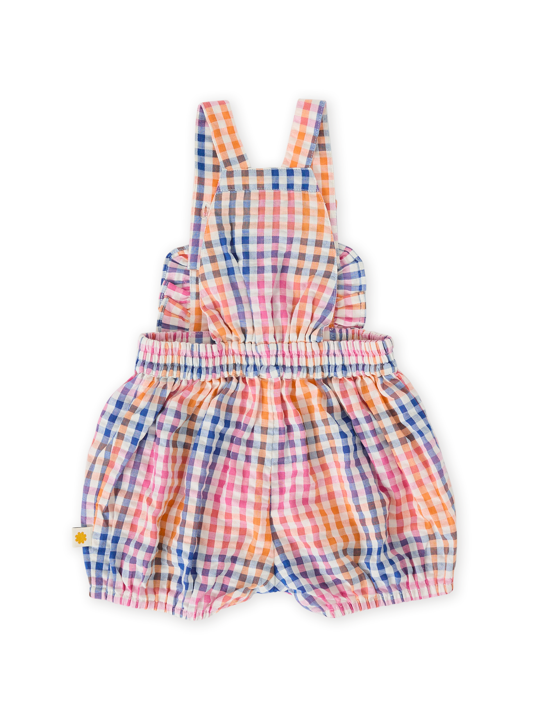 The Goldie + Ace Rainbow Gingham Bubble Frill Romper in Multi pictured on a transparent background. The material is 100% cotton. It is a romper made for babies, toddlers and kids.