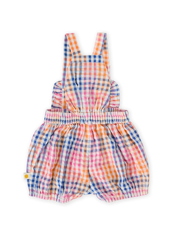 The Goldie + Ace Rainbow Gingham Bubble Frill Romper in Multi pictured on a transparent background. The material is 100% cotton. It is a romper made for babies, toddlers and kids.