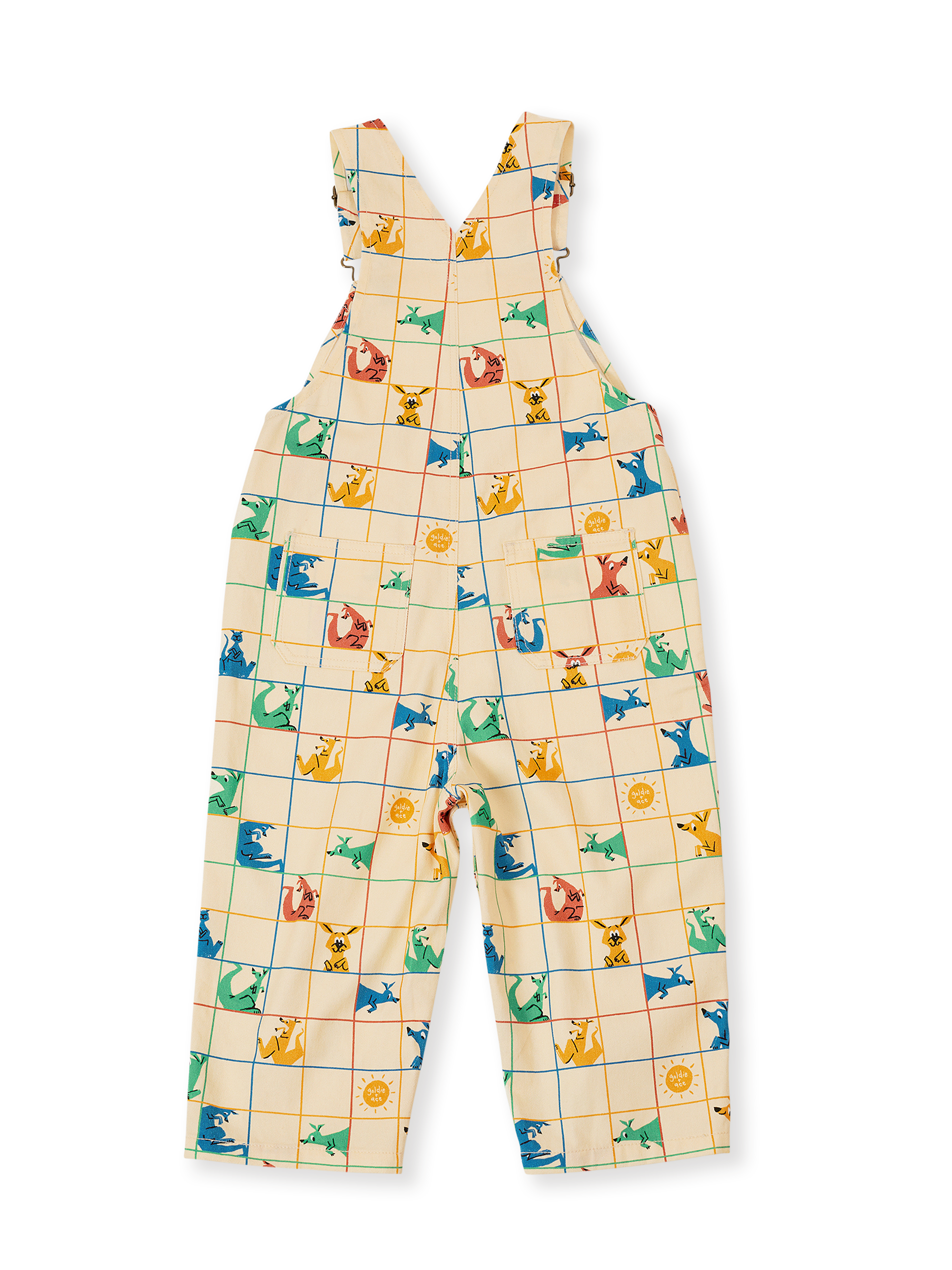 The Goldie + Ace Hopscotch Austin Denim Overalls in Vanilla/Primary pictured on a transparent background. The material is 100% cotton. It is a overall made for babies, toddlers and kids.