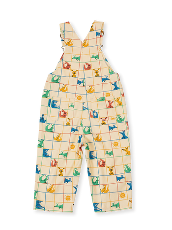 The Goldie + Ace Hopscotch Austin Denim Overalls in Vanilla/Primary pictured on a transparent background. The material is 100% cotton. It is a overall made for babies, toddlers and kids.
