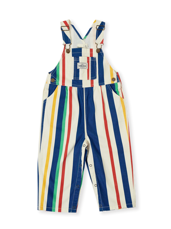 The Goldie + Ace 90's Bold Stripe Austin Denim Overalls in Primary pictured on a transparent background. The material is 100% cotton. It is a overall made for babies, toddlers and kids.