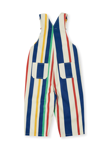 The Goldie + Ace 90's Bold Stripe Austin Denim Overalls in Primary pictured on a transparent background. The material is 100% cotton. It is a overall made for babies, toddlers and kids.
