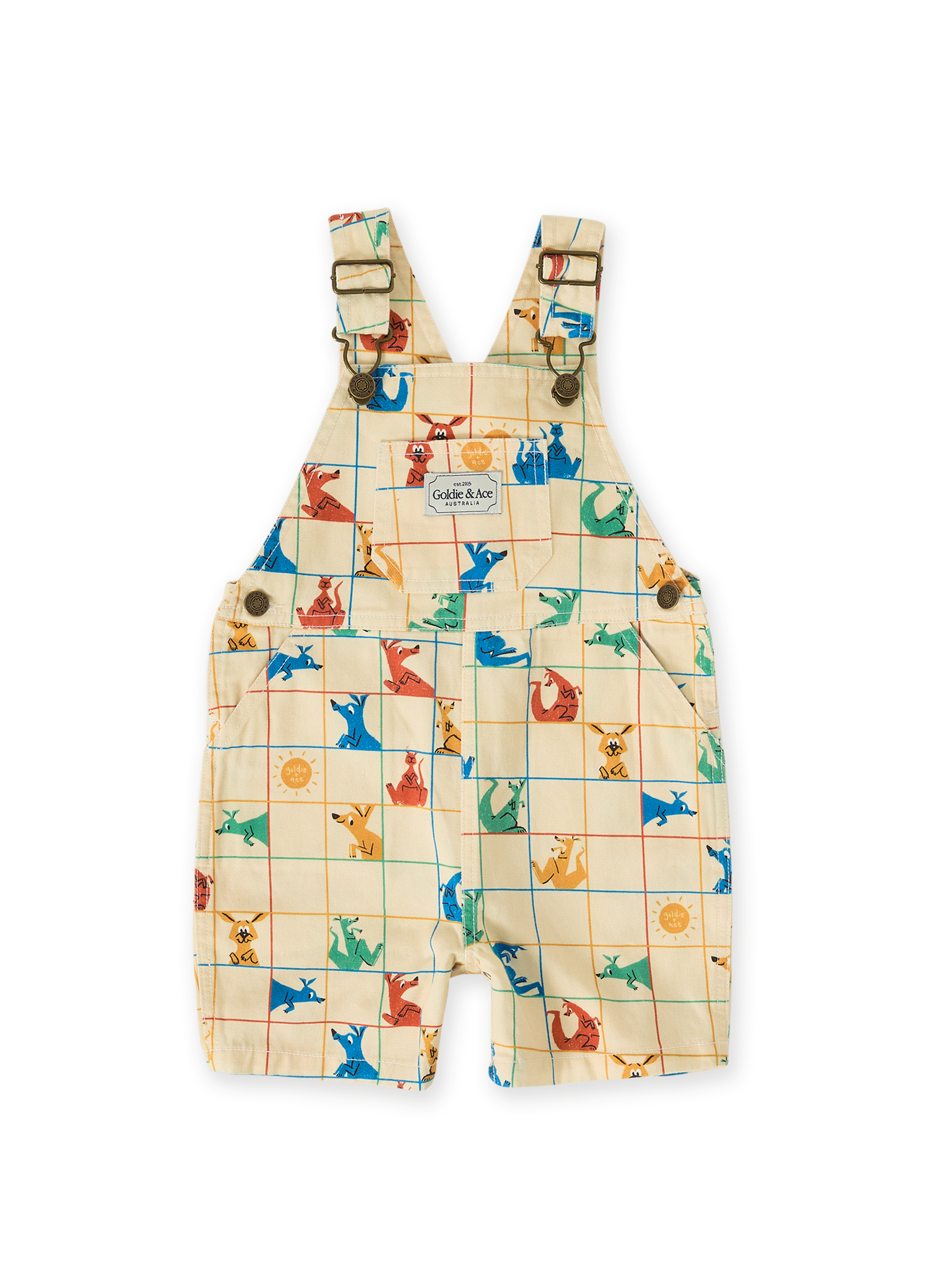 The Goldie + Ace Hopscotch Burton Denim Overalls in Vanilla/Primary pictured on a transparent background. The material is 100% cotton. It is a overall made for babies, toddlers and kids.