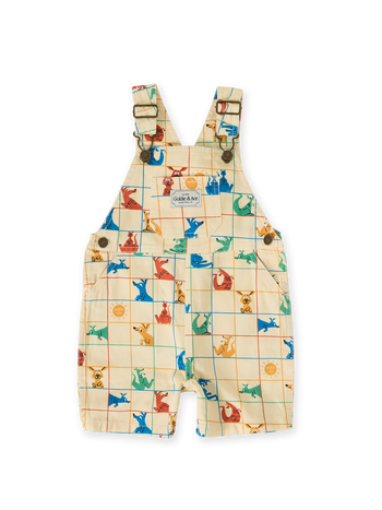 The Goldie + Ace Hopscotch Burton Denim Overalls in Vanilla/Primary pictured on a transparent background. The material is 100% cotton. It is a overall made for babies, toddlers and kids.