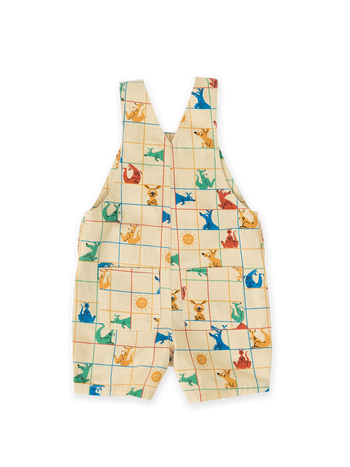 The Goldie + Ace Hopscotch Burton Denim Overalls in Vanilla/Primary pictured on a transparent background. The material is 100% cotton. It is a overall made for babies, toddlers and kids.