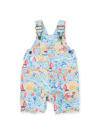 The Goldie + Ace Summer Bay James Pocket Overalls in Multi pictured on a transparent background. The material is twill. It is a overall made for babies, toddlers and kids.