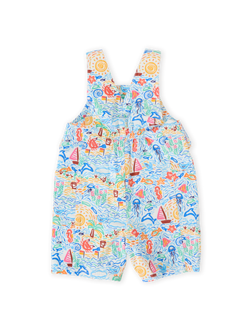 The Goldie + Ace Summer Bay James Pocket Overalls in Multi pictured on a transparent background. The material is twill. It is a overall made for babies, toddlers and kids.