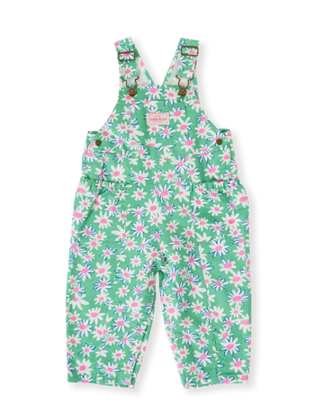 The Goldie + Ace Daisy Patch Austin Pocket Overalls in Moss pictured on a transparent background. The material is breathable cotton-linen blend. It is a overall made for babies, toddlers and kids.
