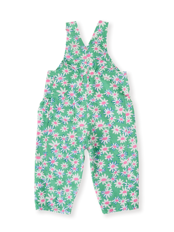 The Goldie + Ace Daisy Patch Austin Pocket Overalls in Moss pictured on a transparent background. The material is breathable cotton-linen blend. It is a overall made for babies, toddlers and kids.