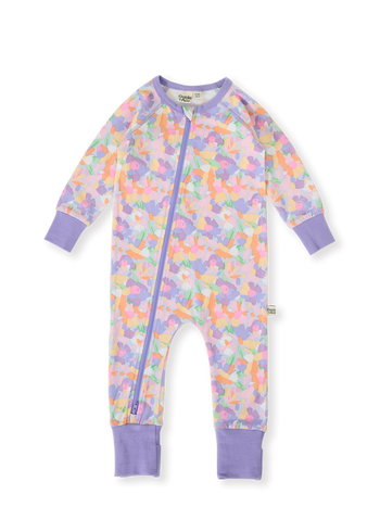 The Goldie + Ace Pastel Bouquet Zipsuit in Lilac Multi pictured on a transparent background. The material is soft cotton elastane. It is a zipsuit made for babies, toddlers and kids.
