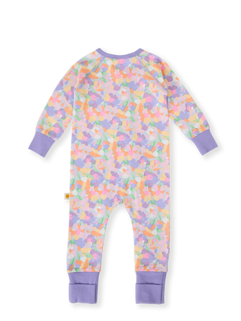 The Goldie + Ace Pastel Bouquet Zipsuit in Lilac Multi pictured on a transparent background. The material is soft cotton elastane. It is a zipsuit made for babies, toddlers and kids.