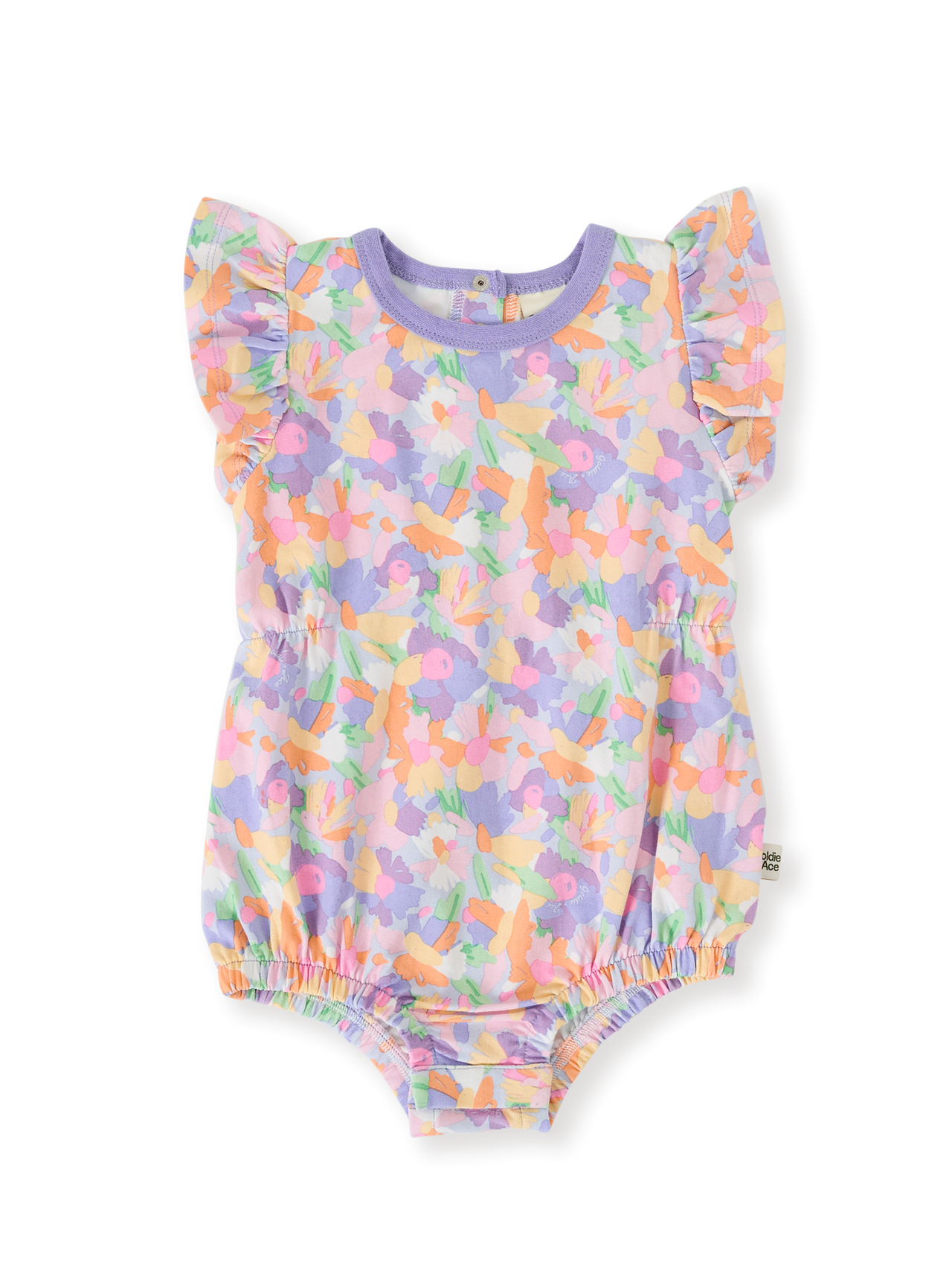 The Goldie + Ace Pastel Bouquet Frill Bubble Romper in Lilac Multi pictured on a transparent background. The material is soft cotton elastane. It is a romper made for babies, toddlers and kids.