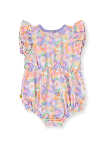 The Goldie + Ace Pastel Bouquet Frill Bubble Romper in Lilac Multi pictured on a transparent background. The material is soft cotton elastane. It is a romper made for babies, toddlers and kids.