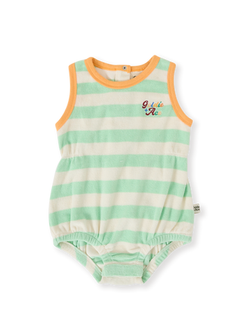 The Goldie + Ace Peas In A Pod Stripe Bubble Romper in Peapod/Cloud pictured on a transparent background. The material is 100% cotton. It is a romper made for babies, toddlers and kids.