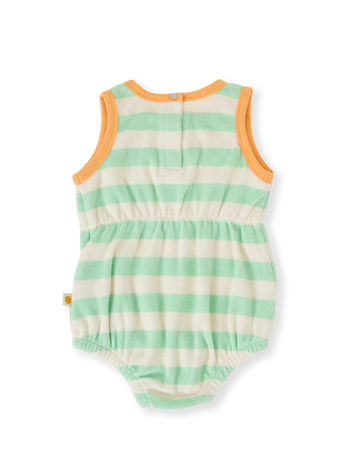 The Goldie + Ace Peas In A Pod Stripe Bubble Romper in Peapod/Cloud pictured on a transparent background. The material is 100% cotton. It is a romper made for babies, toddlers and kids.
