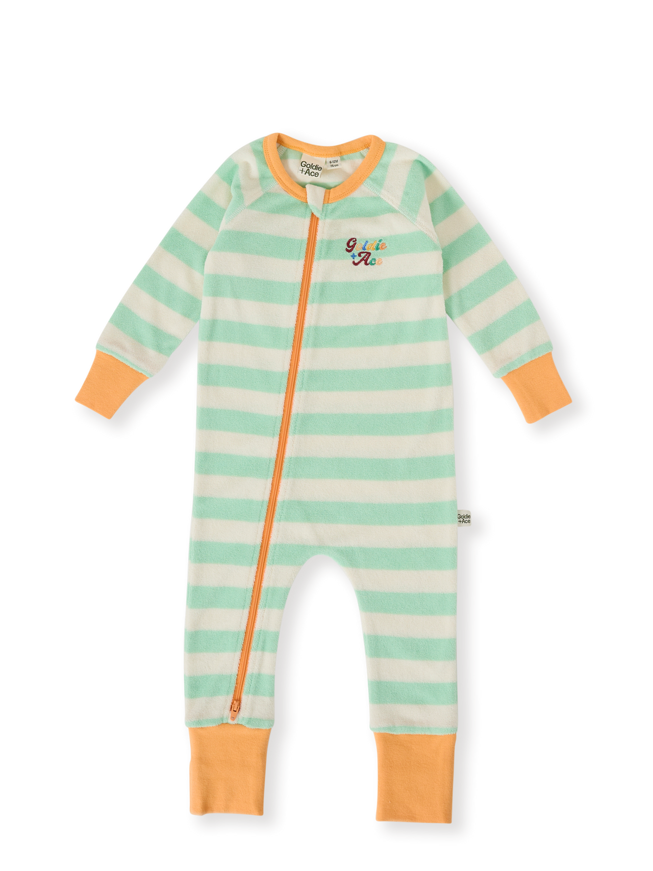 The Goldie + Ace Peas In A Pod Stripe Zipsuit in Peapod/Cloud pictured on a transparent background. The material is 100% cotton. It is a zipsuit made for babies, toddlers and kids.