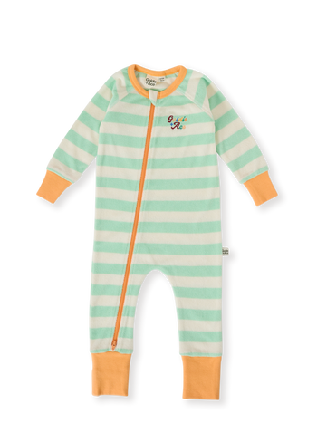 The Goldie + Ace Peas In A Pod Stripe Zipsuit in Peapod/Cloud pictured on a transparent background. The material is 100% cotton. It is a zipsuit made for babies, toddlers and kids.