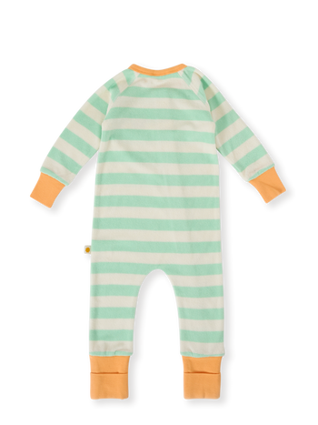 The Goldie + Ace Peas In A Pod Stripe Zipsuit in Peapod/Cloud pictured on a transparent background. The material is 100% cotton. It is a zipsuit made for babies, toddlers and kids.