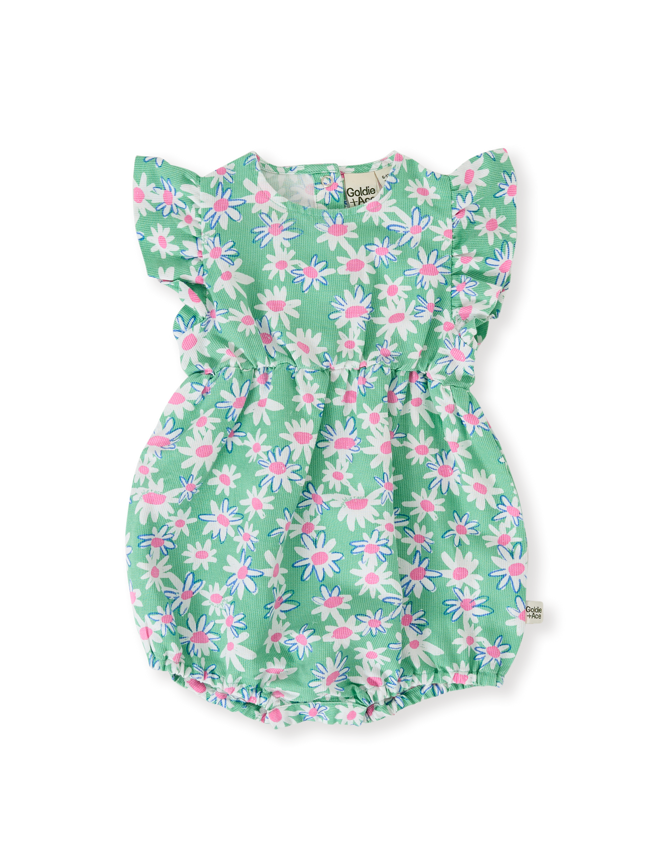 The Goldie + Ace Daisy Patch Lani Romper in Moss pictured on a transparent background. The material is breathable cotton-linen blend. It is a romper made for babies, toddlers and kids.