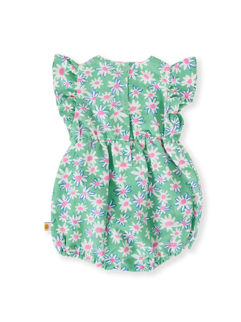 The Goldie + Ace Daisy Patch Lani Romper in Moss pictured on a transparent background. The material is breathable cotton-linen blend. It is a romper made for babies, toddlers and kids.